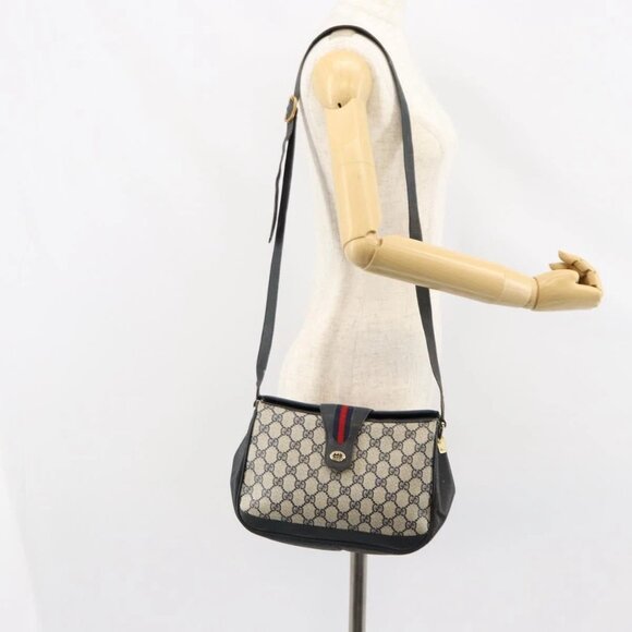 GUCCI GG Supreme Sherry Line Shoulder Bag PVC Navy Gold 116 02 076 Auth 146977 - Picture 1 of 16